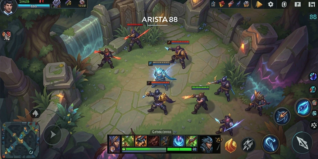 Screenshot utama ARISTA88 menampilkan aksi seru dalam pertarungan MOBA.