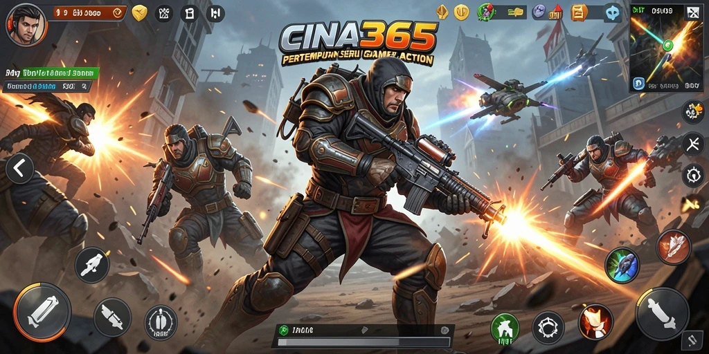 Screenshot utama CINA365 menampilkan aksi pertempuran yang intens.