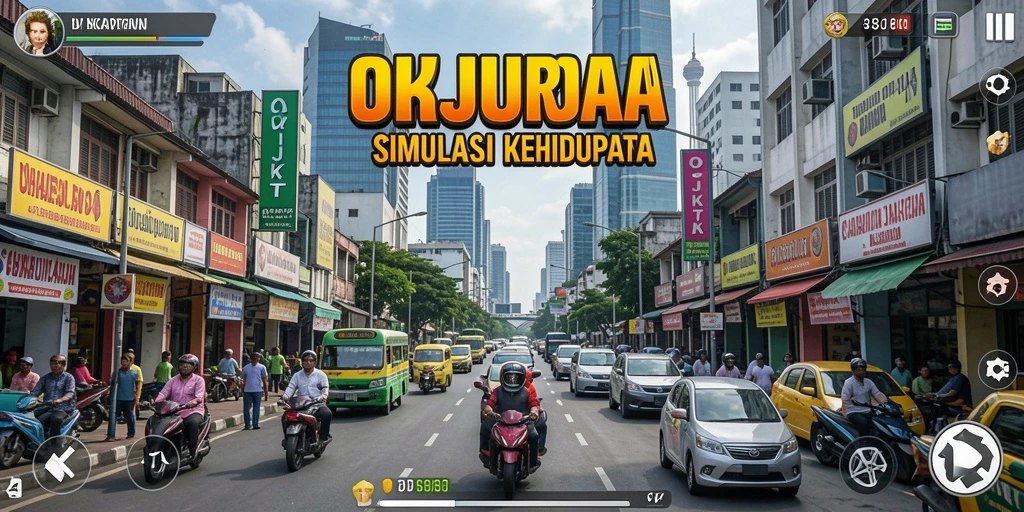 Tampilan gameplay interaktif dalam OKJKT yang menampilkan keseruan simulasi kehidupan.
